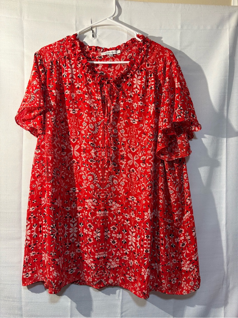 Rose & Olive Red Floral Ruffle Tie-Neck Tunic - Picture 2 of 13